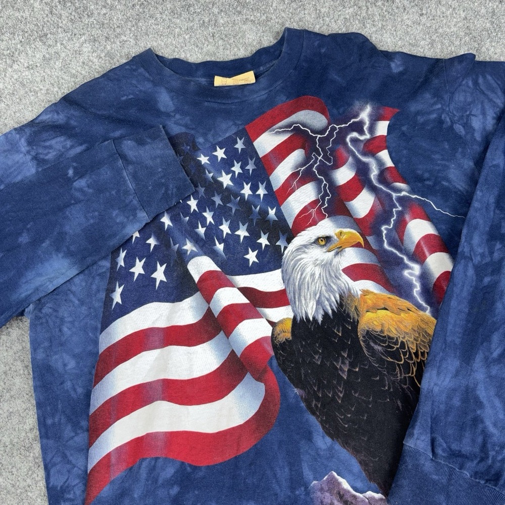 Vintage The Mountain Shirt Mens Large Blue Patriotic Long Sleeve Eagle USA Flag